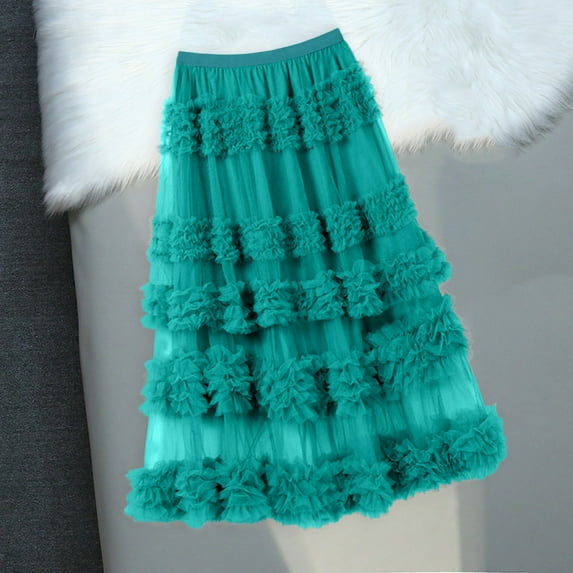 Riforla Women's Skirt Fairy Long Skirt Women's High Waisted Peplum Mesh A Line Skirt Skirts for Women Trendy Army Green One Size