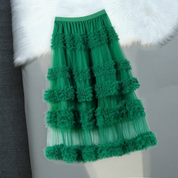 Riforla Women's Skirt Fairy Long Skirt Women's High Waisted Peplum Mesh A Line Skirt Skirts for Women Trendy Green One Size