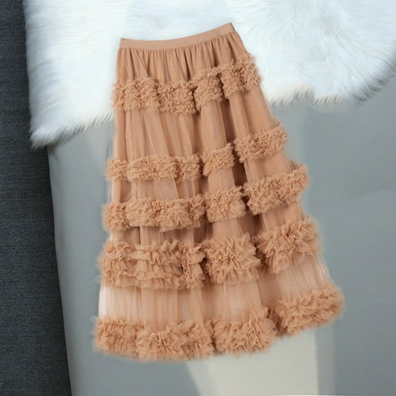 Riforla Women's Skirt Fairy Long Skirt Women's High Waisted Peplum Mesh A Line Skirt Skirts for Women Trendy Khaki One Size