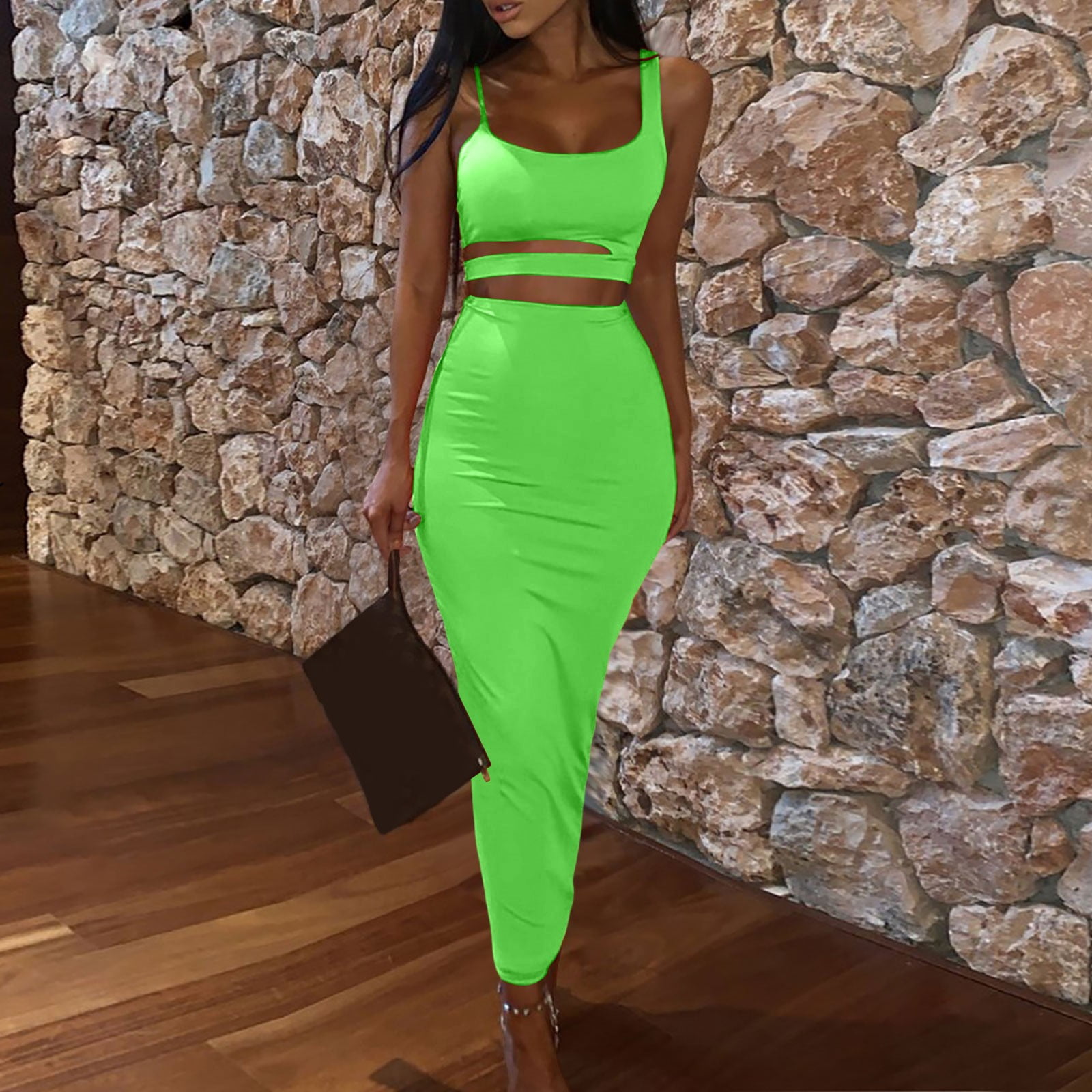 neon green two piece dress Emerald Green Lace Satin Two-piece Slit Party Dress