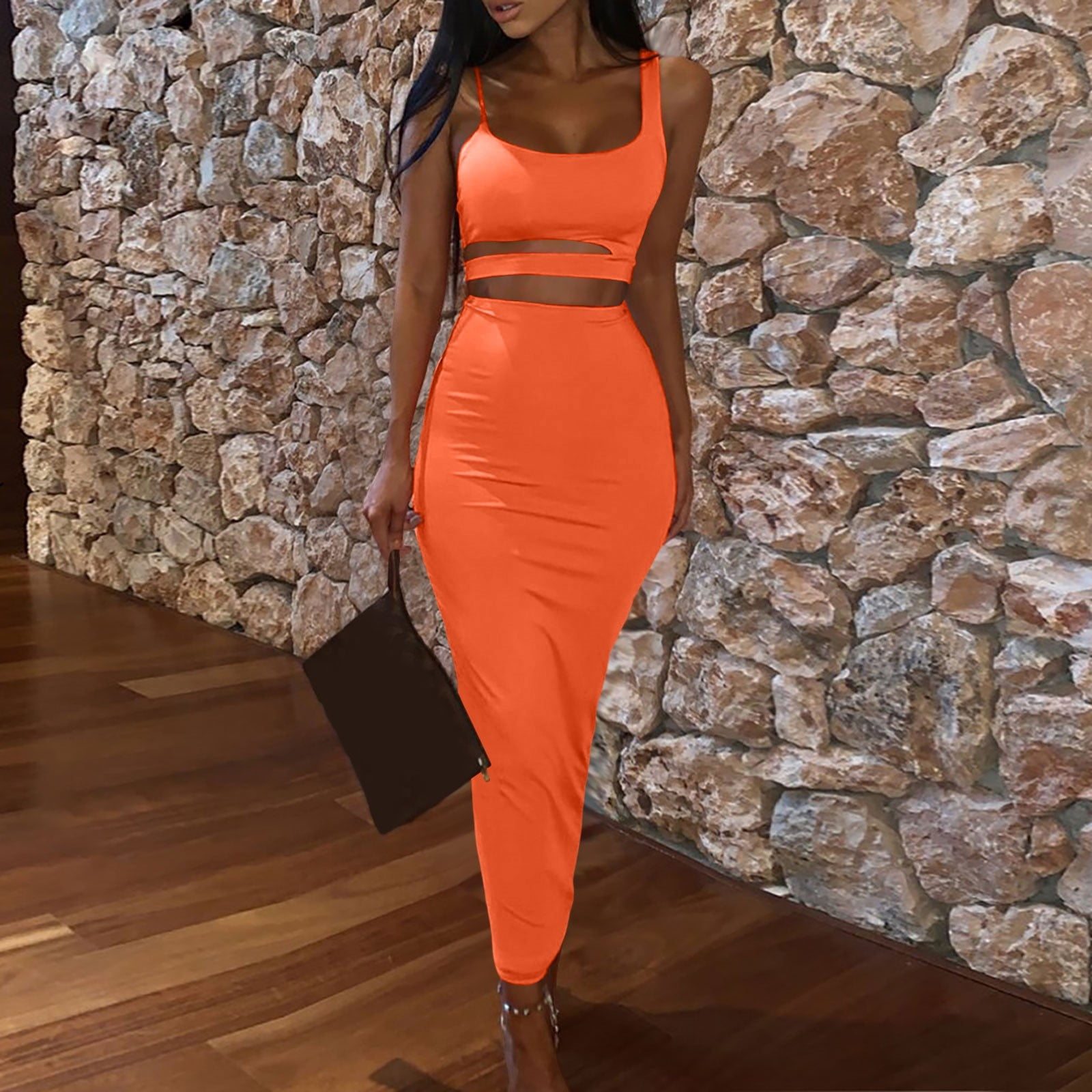 strapless open back dress Evening Peplum Belted Dress Orange