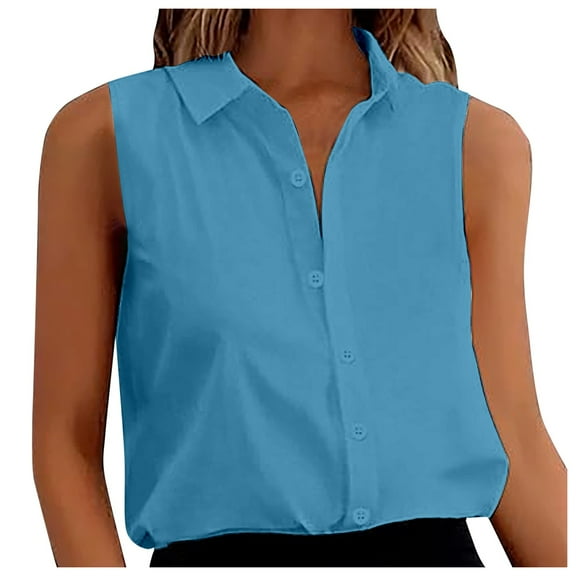 Riforla Women's Sleeveless Button Down Shirts Blouses Solid Casual Loose V Neck Tank Tops for Work Womens Tops Blue XXL