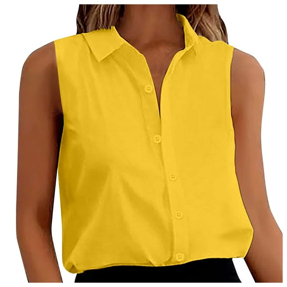 Riforla Women's Sleeveless Button Down Shirts Blouses Solid Casual Loose V Neck Tank Tops for Work Womens Tops Yellow XL