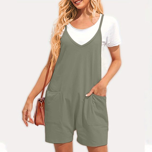 Riforla Women's Sleeveless Overalls Jumpsuit Casual Solid Summer Wide Leg Bib Pants Bottons Jumpsuit Romper with Pockets Short 2 Piece Sets for Women Green XS