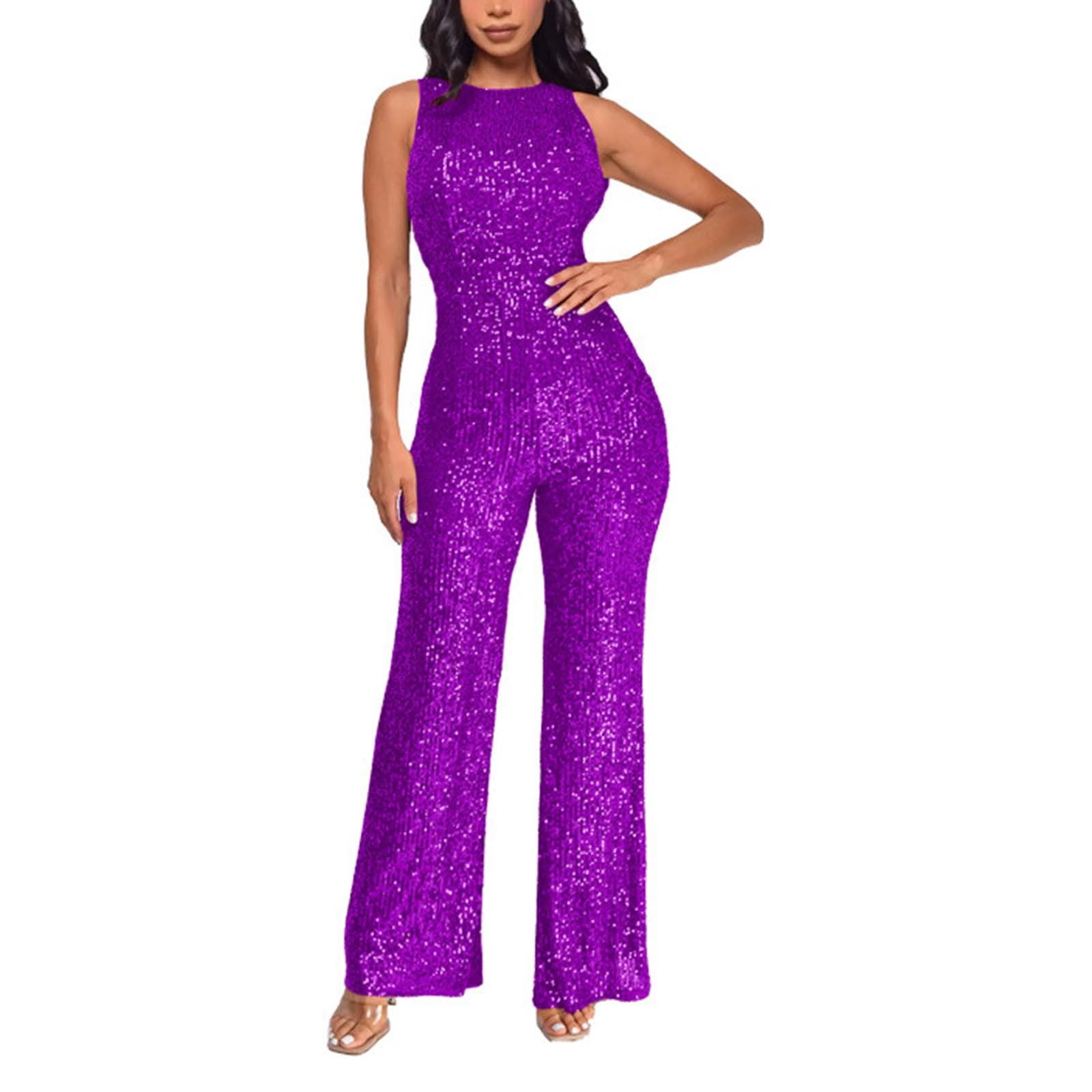 Riforla Women s Sleeveless Sequin Jumpsuit Round Neck Slim Fitting Womens Jumpsuits Jumpsuits for Women Purple XL