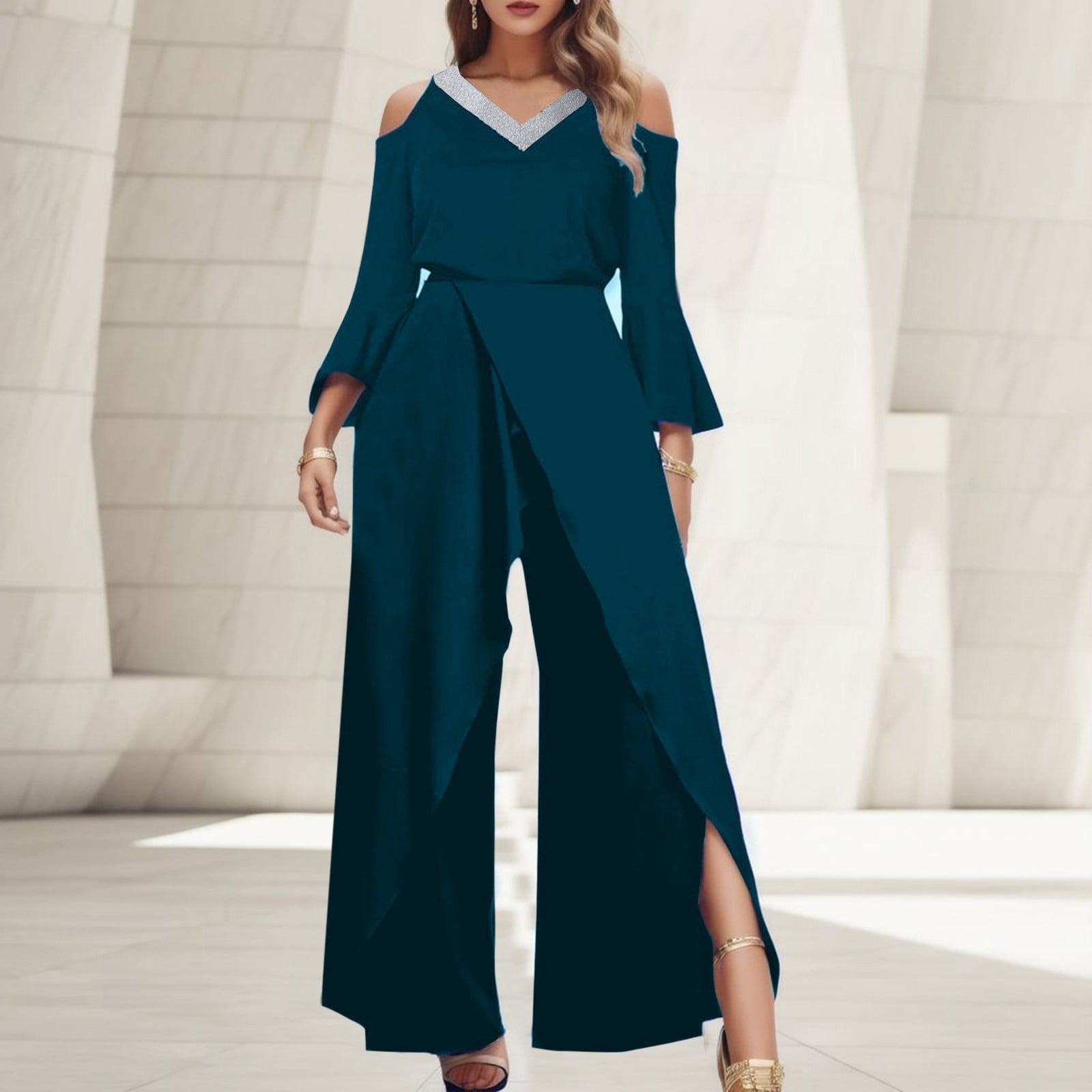 Ediodpoh Women's Slit Sequin Stitching V Neck Elegant Wide Leg