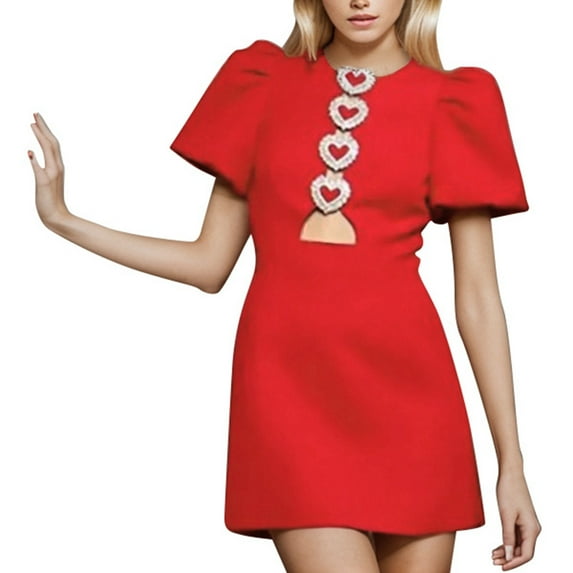 Riforla Women's Solid Color Casual Heart Decorated Waist Short Sleeve Dress Dresses for Women Red L