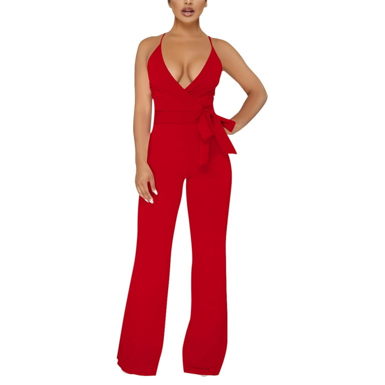 Riforla Women s Solid Color Halter V Neck Lace up Jumpsuit Jumpsuits for Women Red L