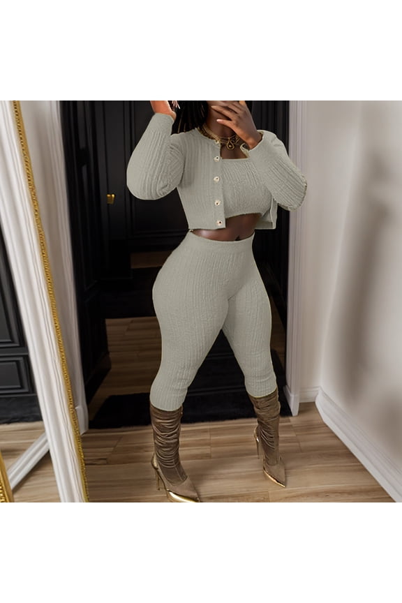 Riforla Women's Solid Color Knitted Sweater Sexy Slim Fit Cardigan Three Piece Pantsuit Matching Sets Women Clothing Grey S