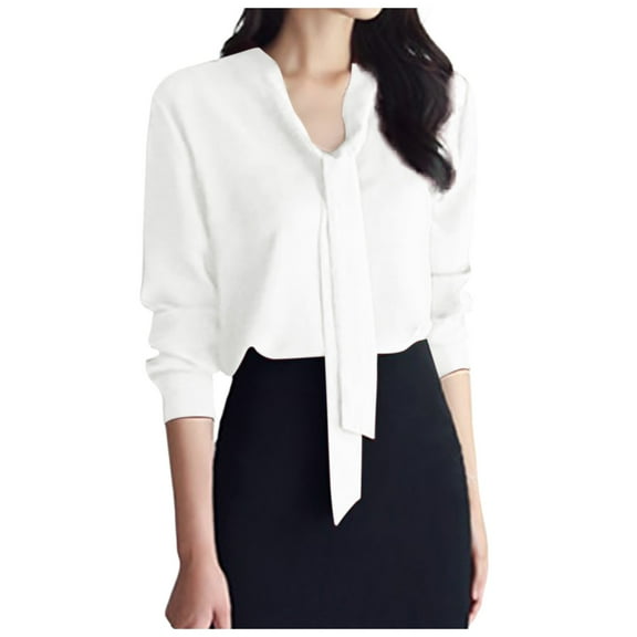 Riforla Women's Solid Color Long Sleeve Business Casual Bow Ribbon Blouse Womens Tops White XL