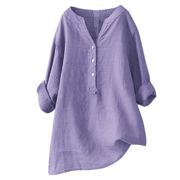 Ediodpoh Women's Solid Color Loose Plus Size Long Cotton Texture Dress Shirt Tshirts for Women Purple#4 S