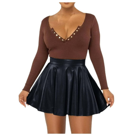 Ediodpoh Carnival Womens Skirts Solid Color Pu A Line Skater Mini Skirt Dressy for Club and Party Mini Skirts for Women Black M