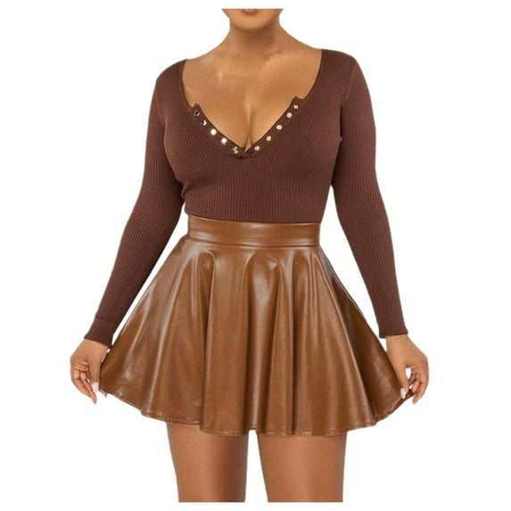 Ediodpoh Carnival Womens Skirts Solid Color Pu A Line Skater Mini Skirt Dressy for Club and Party Mini Skirts for Women Brown XXL