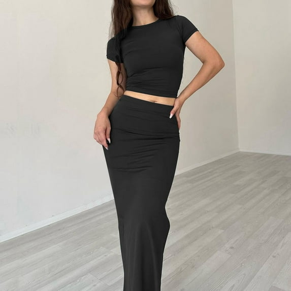 Riforla Women's Solid Color Round Neck Short Sleeved Top Women's Fashion Break 38386 Long Skirt Sets for Women 2 Pieces Black XL
