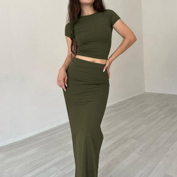 Riforla Women's Solid Color Round Neck Short Sleeved Top Women's Fashion Break 38386 Long Skirt Sets for Women 2 Pieces Green L