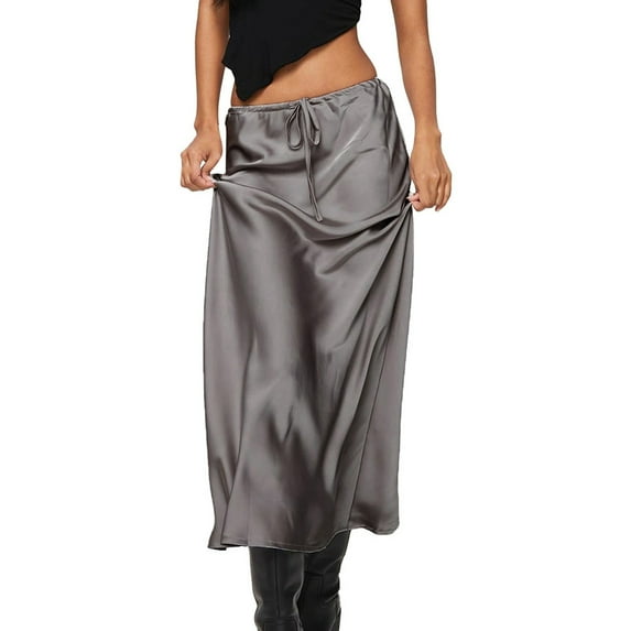 Ediodpoh Satin Maxi Skirt Womens Solid Color High Waist Drawstring Long Skirt Womens Skirts Grey_003 L
