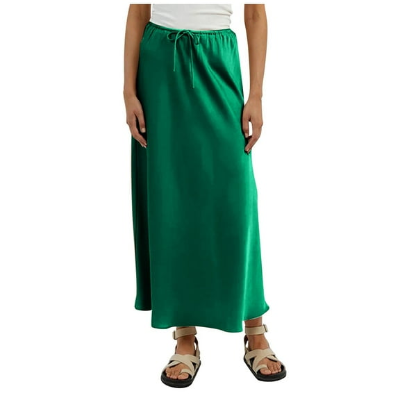 Riforla Women's Solid Color Satin Long Dress High Waist Drawstring Dress1 Skirts for Women Green M