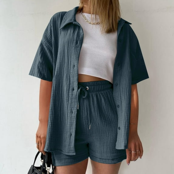 Riforla Women's Solid Color Short Sleeve Shirt & Casual Shorts 2 Piece Set Comfortable Summer Outfit Matching Sets Women Clothing Navy XL