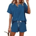 thumbnail image 1 of Riforla Women's Solid Color Short Sleeved Shorts Casual Set Button Drawstring Tie up Sportswear 2 Piece Sets Women Outfit Blue XL, 1 of 5
