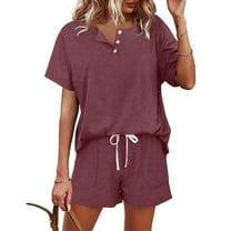 Riforla Women's Solid Color Short Sleeved Shorts Casual Set Button Drawstring Tie up Sportswear 2 Piece Sets Women Outfit Brown L