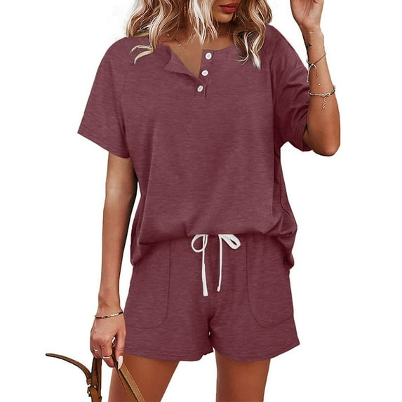 Riforla Women's Solid Color Short Sleeved Shorts Casual Set Button Drawstring Tie up Sportswear 2 Piece Sets Women Outfit Brown XL