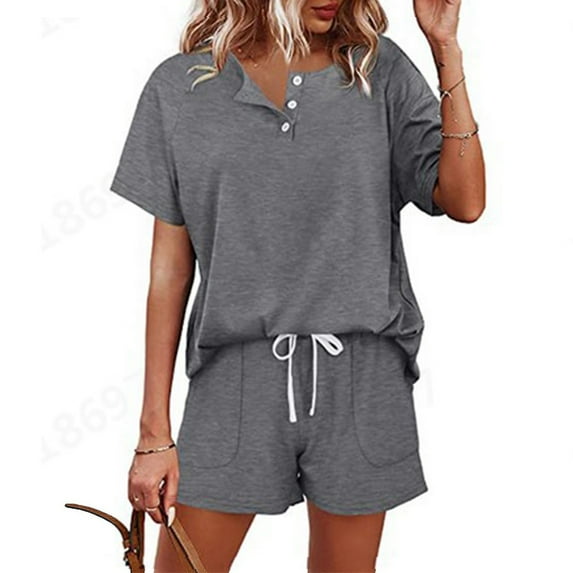 Riforla Women's Solid Color Short Sleeved Shorts Casual Set Button Drawstring Tie up Sportswear 2 Piece Sets Women Outfit Grey S