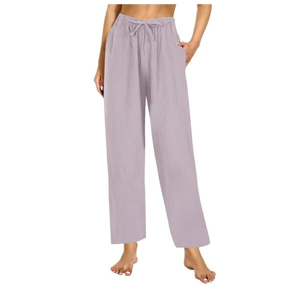 Ediodpoh Women Solid Color Elastic Waist Pocket Pajama Pants Women Home Casual Wide Leg Straight Pants Purple XXL