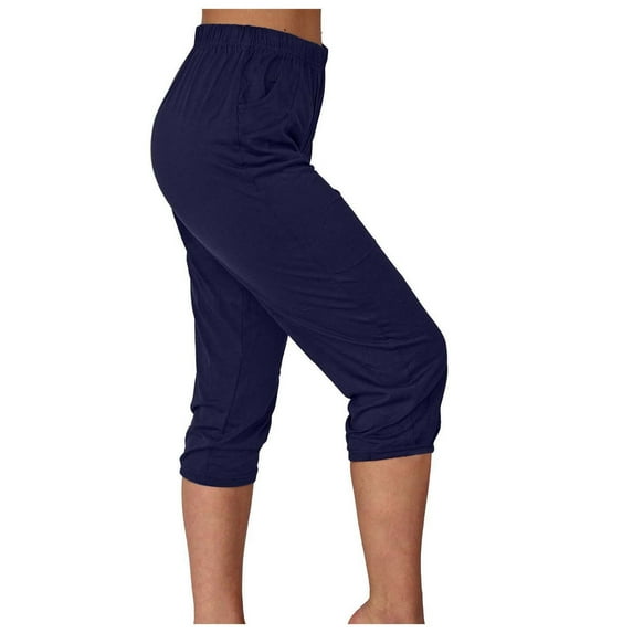 Riforla Women's Solid Color Stretchy Capri Leggings Low Waist Pocketed Athletic Pants Womens Pants Navy L