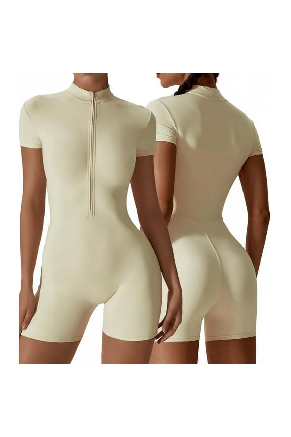 Women's Solid Color Summer Zippered Short Sleeve Yoga Jumpsuit Dance Fitness Tight Workout Jumpsuits for Women Beige L