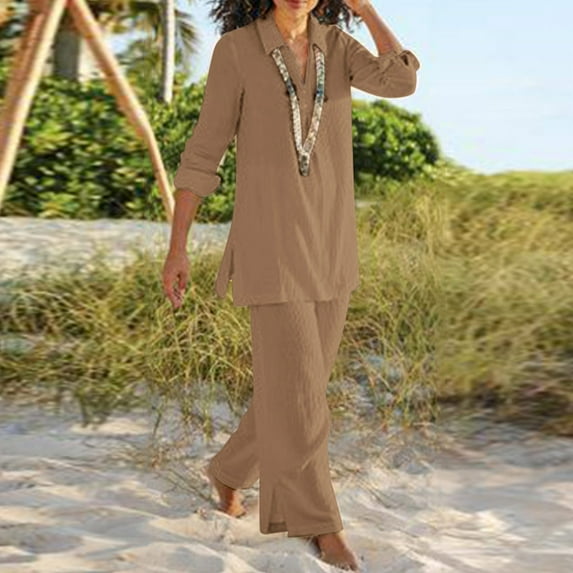 Riforla Women's Solid Color Vintage Pants Suit Cotton Casual Long Sleeved Loose Cotton Suit 2 Piece Sets for Women Coffee XL