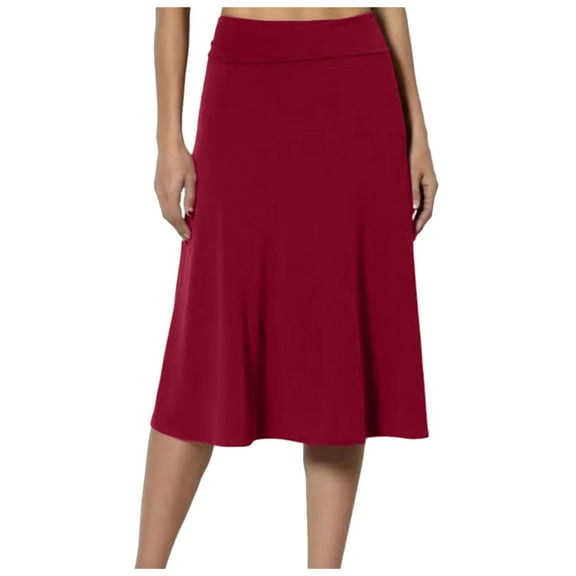 Riforla Women's Solid Lightweight Flare Midi Pull on Closure Skirt S XXL Plus Size Women's Skirts Red L