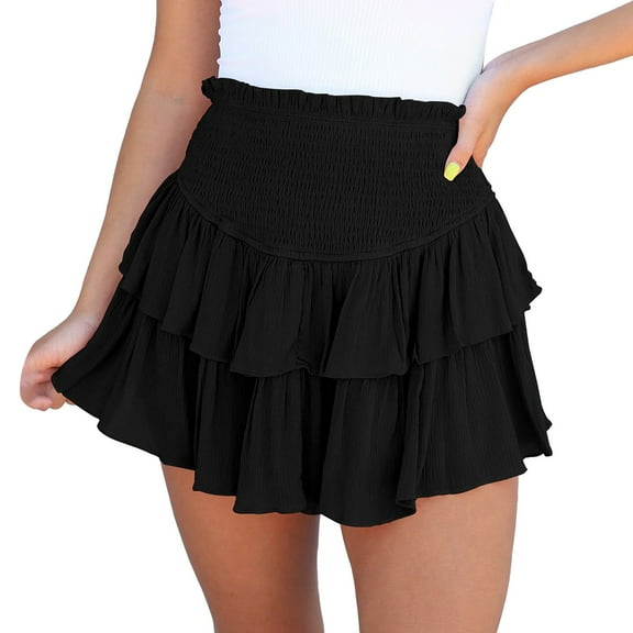 Riforla Women's Solid Shirred High Waist Layered Ruffle Hem Flared Mini Skirt Trouser Women's Skirts Black XL