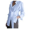 thumbnail image 1 of Riforla Women's Spring Summer Chic Comfortable Casual Loose Tie Waist Shirt | Office Friendly Pure Color Blouse Womens Tops Light Blue L, 1 of 5