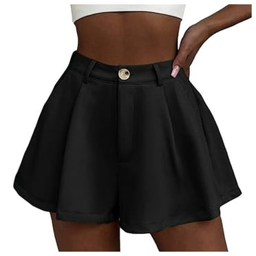 Riforla Women's Stretchy High Waisted Pleated Wide Leg Shorts with Pockets Shorts for Women Black L