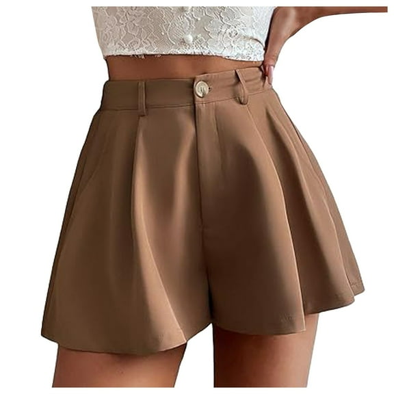 Riforla Women's Stretchy High Waisted Pleated Wide Leg Shorts with Pockets Shorts for Women Khaki S
