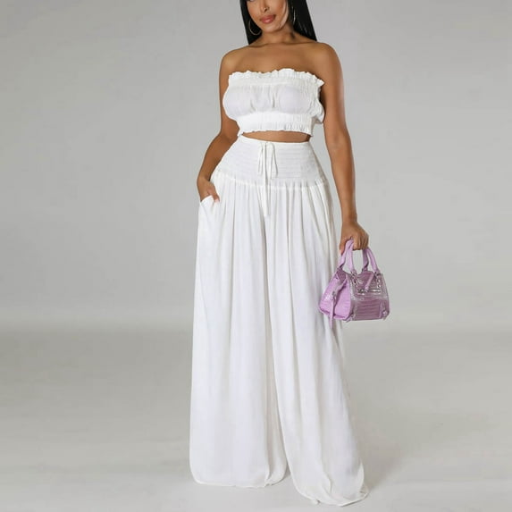 Riforla Women's Stylish Casual Solid Color Personality Strapless Pantsuit Sets for Women 2 Pieces White XL