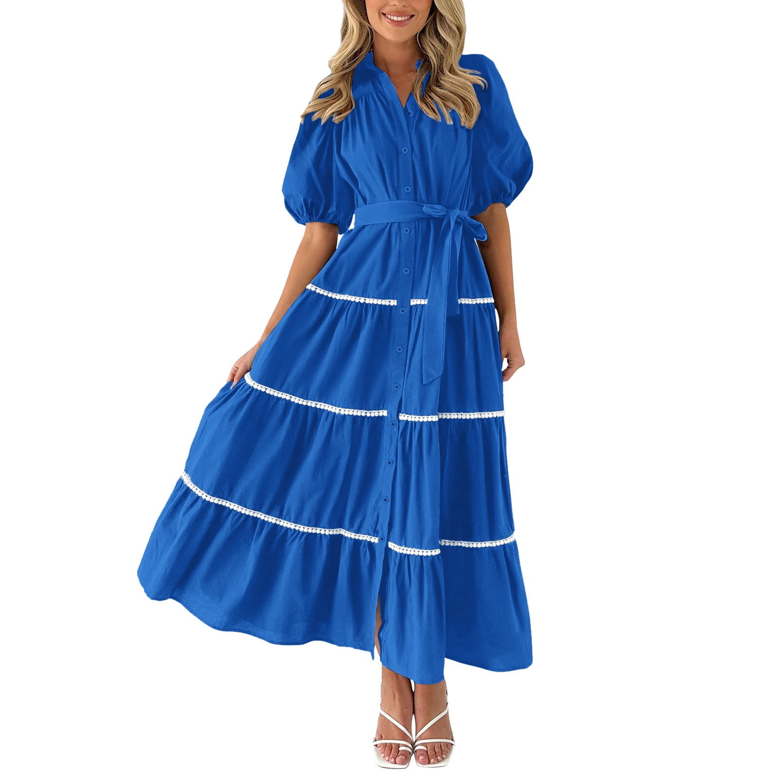 Ruffle Short Sleeves Button Up Shirt Dress