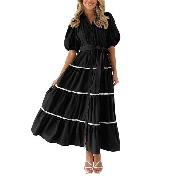Riforla Women's Summer Button Down Shirt Dress Short Puffy Sleeve Tiered Ruffle Flowy Long Maxi Dresses Black L