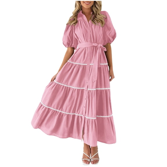 Riforla Women's Summer Button Down Shirt Dress Short Puffy Sleeve Tiered Ruffle Flowy Long Maxi Dresses Light Pink L