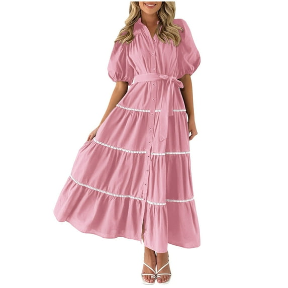Riforla Women's Summer Button Down Shirt Dress Short Puffy Sleeve Tiered Ruffle Flowy Long Maxi Dresses Light Pink M