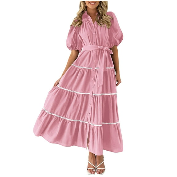 Riforla Women's Summer Button Down Shirt Dress Short Puffy Sleeve Tiered Ruffle Flowy Long Maxi Dresses Light Pink M