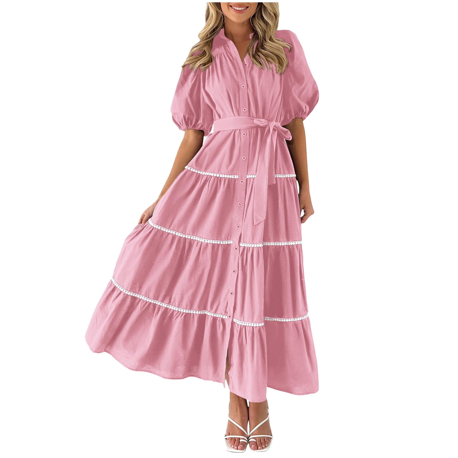 Riforla Women's Summer Button Down Shirt Dress Short Puffy Sleeve Tiered Ruffle Flowy Long Maxi Dresses Light Pink XXL - Walmart.com Riforla Women's Summer Button Down Shirt Dress Short Puffy Sleeve Tiered Ruffle Flowy Long Maxi Dresses Light Pink XXL - Walmart.com