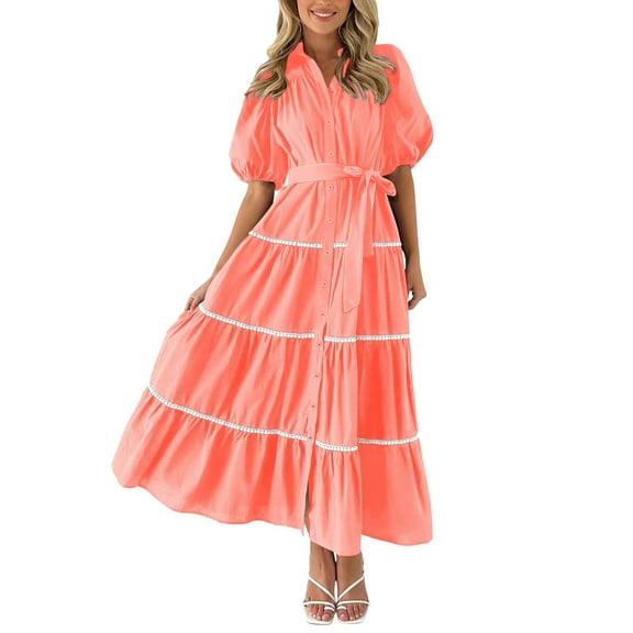 Riforla Women's Summer Button Down Shirt Dress Short Puffy Sleeve Tiered Ruffle Flowy Long Maxi Dresses Orange L