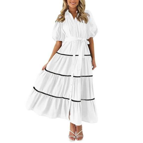 Riforla Women's Summer Button Down Shirt Dress Short Puffy Sleeve Tiered Ruffle Flowy Long Maxi Dresses White M