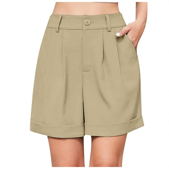 Riforla Women's Summer Dressy Casual Elastic Waist Wide Leg Suit Tailored Shorts Comfy Elagant Work Trouser Shorts for Women Khaki S