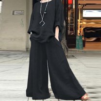 Riforla Women's Summer Fashion Casual Loose Solid Color Cotton Linen Shirt Long Sleeve Pants Set Two Piece Sets for Women 2 Pieces Black XL