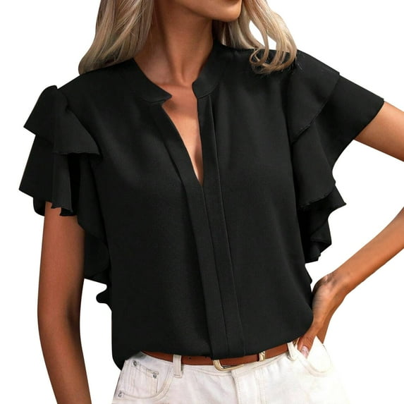 Riforla Women's Summer New V Neck Casual Double Layer Ruffle Sleeve Solid Color Top T-shirts for Women Black XL