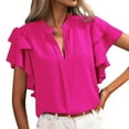 thumbnail image 1 of Riforla Women's Summer New V Neck Casual Double Layer Ruffle Sleeve Solid Color Top T-shirts for Women Hot Pink L, 1 of 5