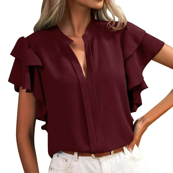 Riforla Women's Summer New V Neck Casual Double Layer Ruffle Sleeve Solid Color Top T-shirts for Women Red S