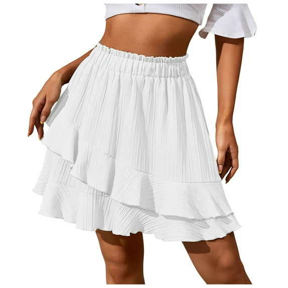 Riforla Womens Skirt Summer Ruffled High Waist Irregular Solid Color Short Skirt Mini Skirts for Women White S
